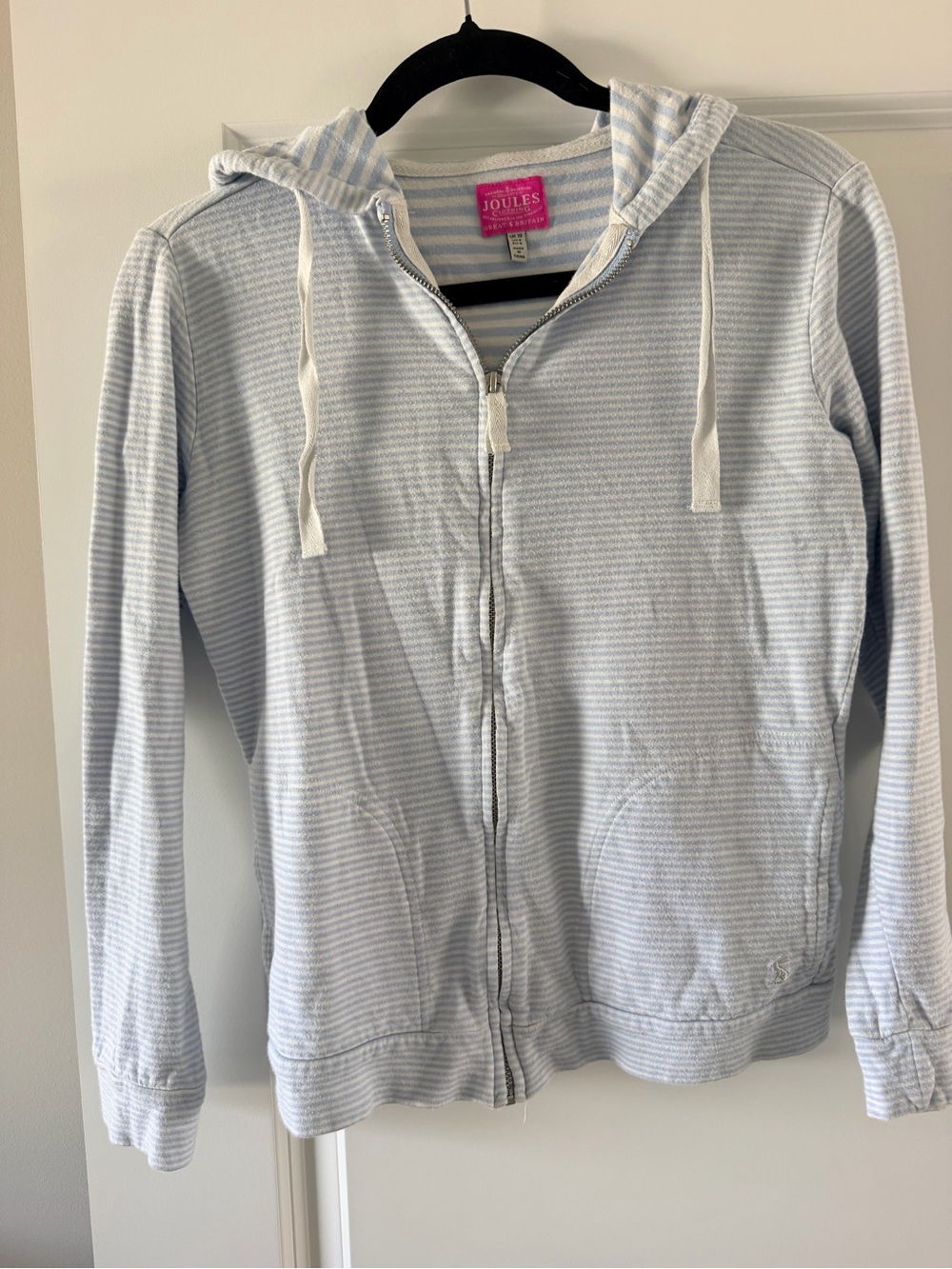 Joules Light Blue and White Striped Zip Hoodie